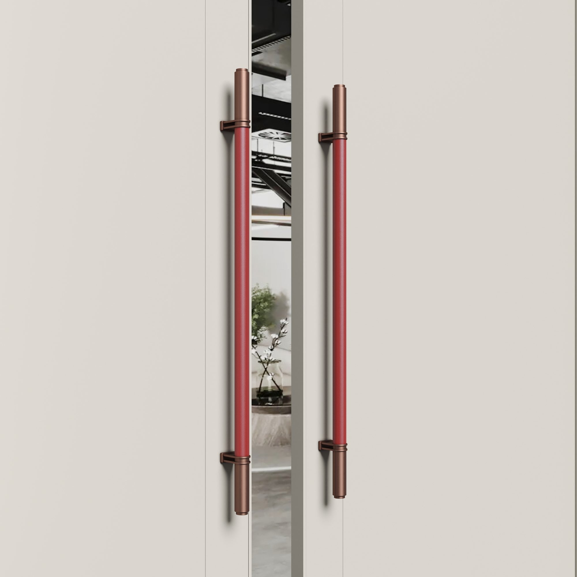Cylindrical leather handle for hotel meeting room doors