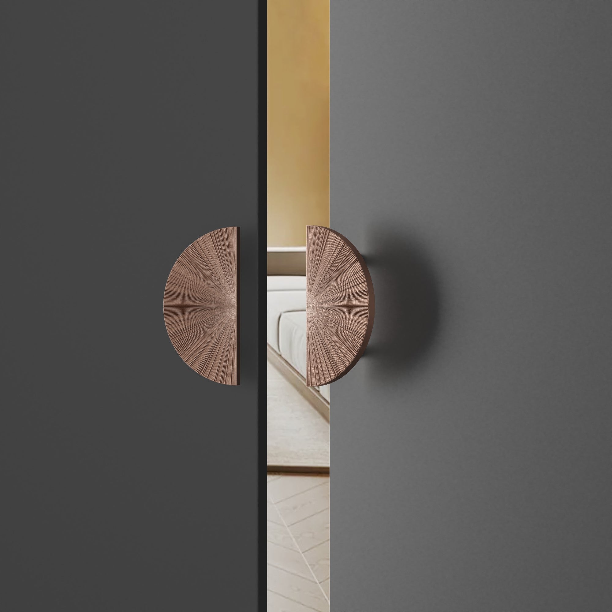 Semi-circular handles for hotel suite doors, closet doors, and bedroom doors